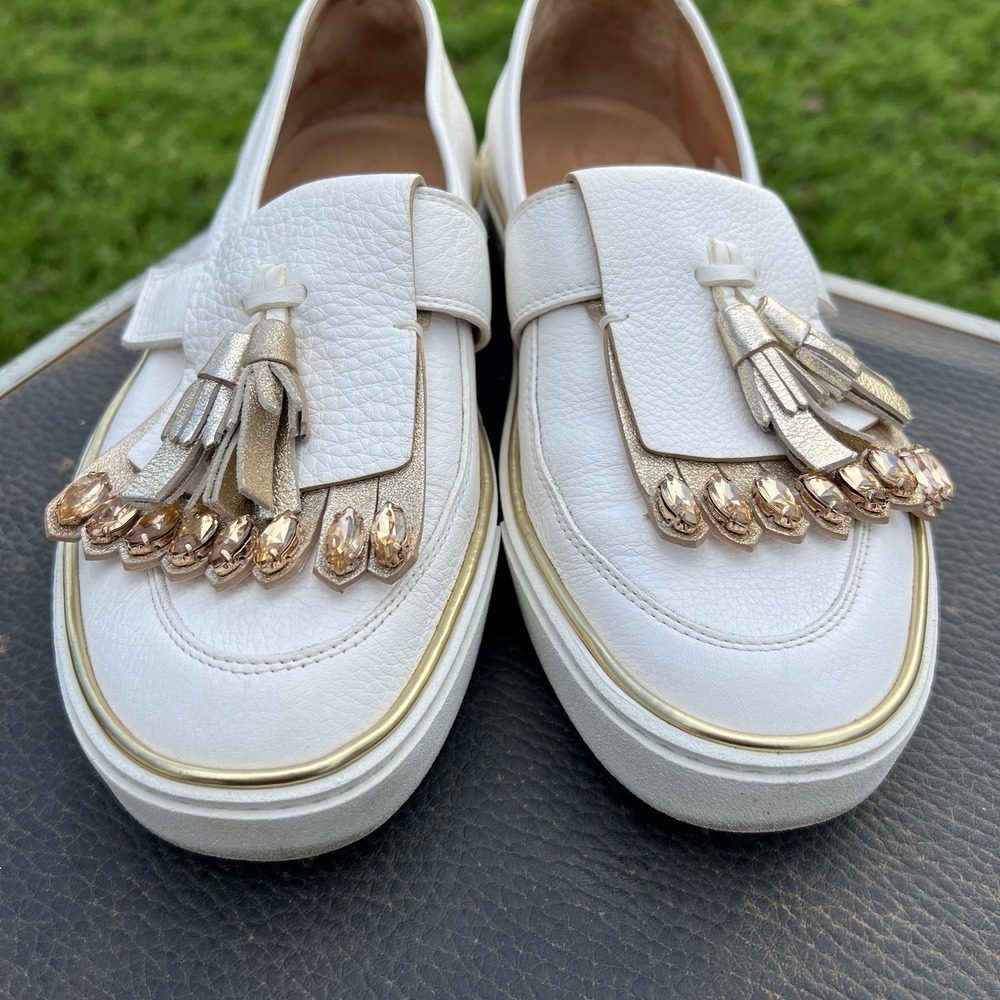 Santoni Womens US 8 EU 38.5 White Leather Loafer Slip On Shoe Strap Jewel - Picture 3 of 13